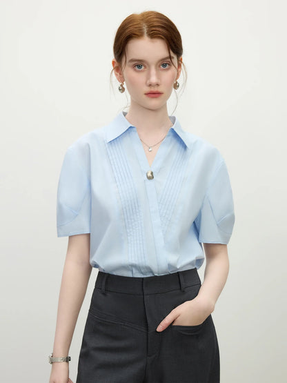Saviig White V-Neck Short-Sleeve Top - 2025 Summer Minimalist Style
