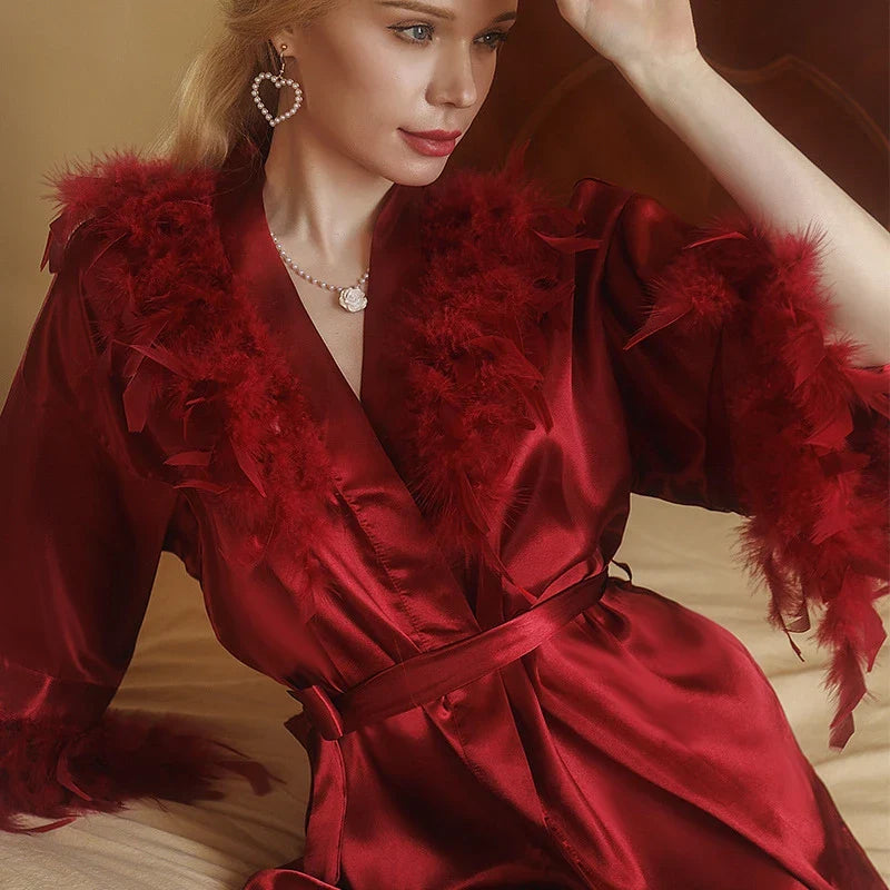 Saviig Elegant Feather Trim V-Neck Robe with Belt