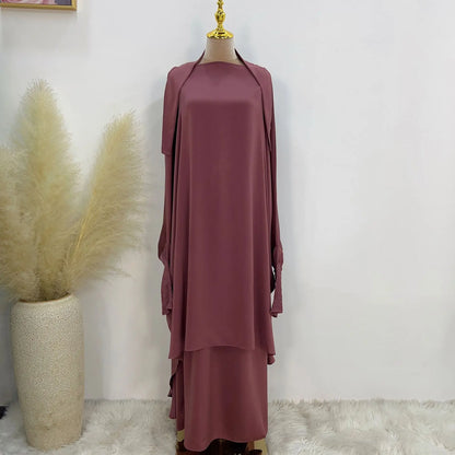 Saviig Satin Jilbab Set, Smocked Abaya, Khimar, Side Pocket Skirt