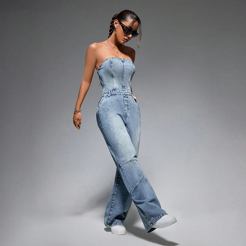 Saviig Blue Denim Off Shoulder Jumpsuit - Sleeveless Tube Top Vintage Playsuit