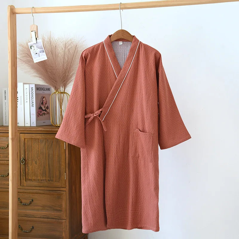 Saviig Japanese Kimono Robe Couple Nightgown 100% Cotton Bathrobe