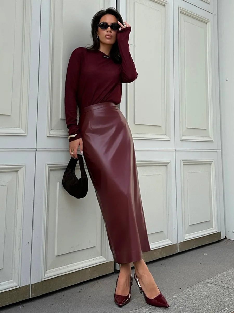 Saviig Retro Split Hip Skirt, Red PU Leather, Slim Fit, Stylish Long Skirt