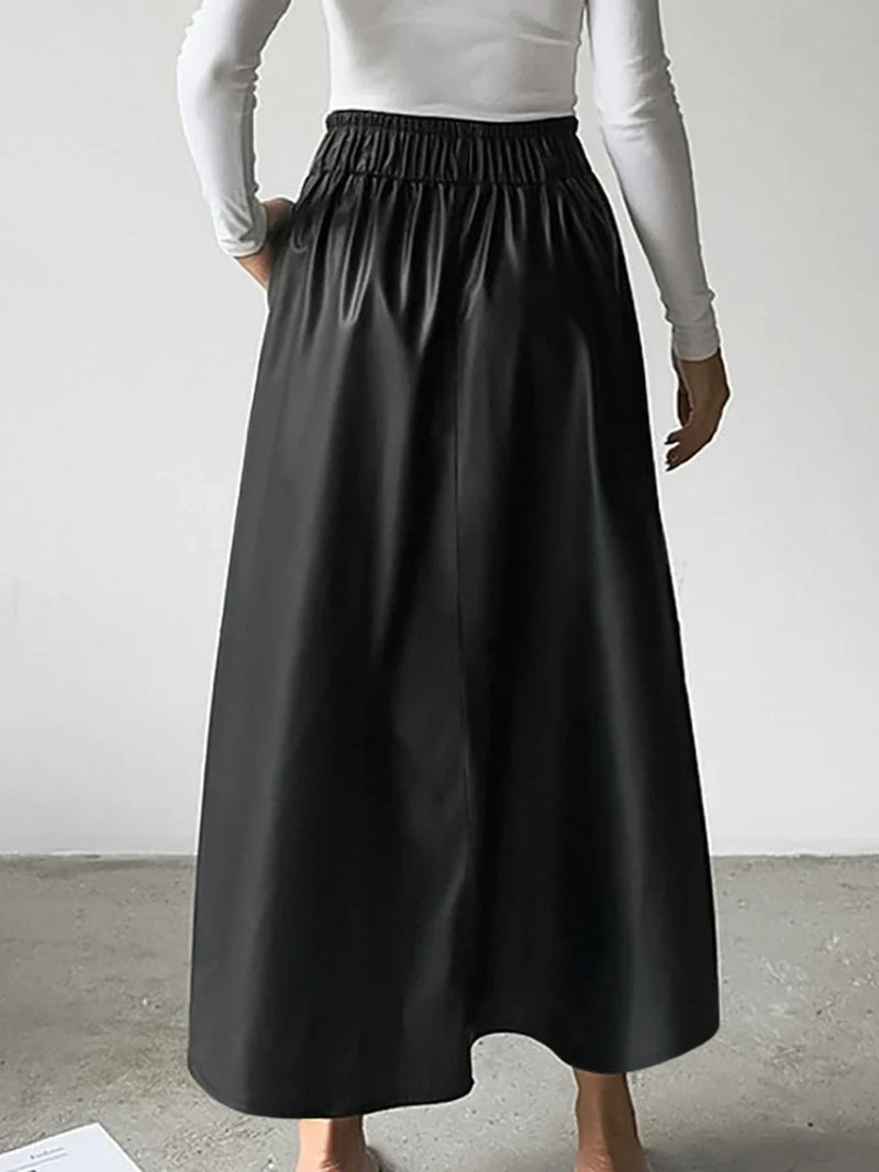 Saviig Retro Red Leather Half Skirt for Women | Autumn Winter PU Chic Long Skirt