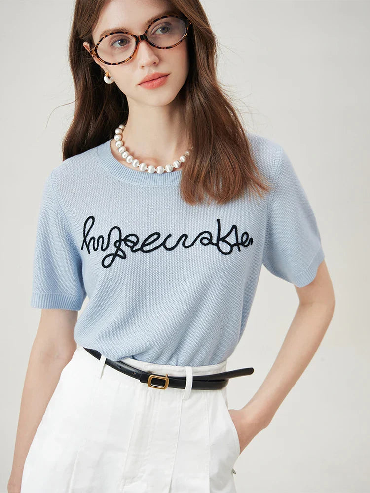 Saviig Blue Knit Tee with Embroidered Letters, Summer Short Sleeve Round Neck Top