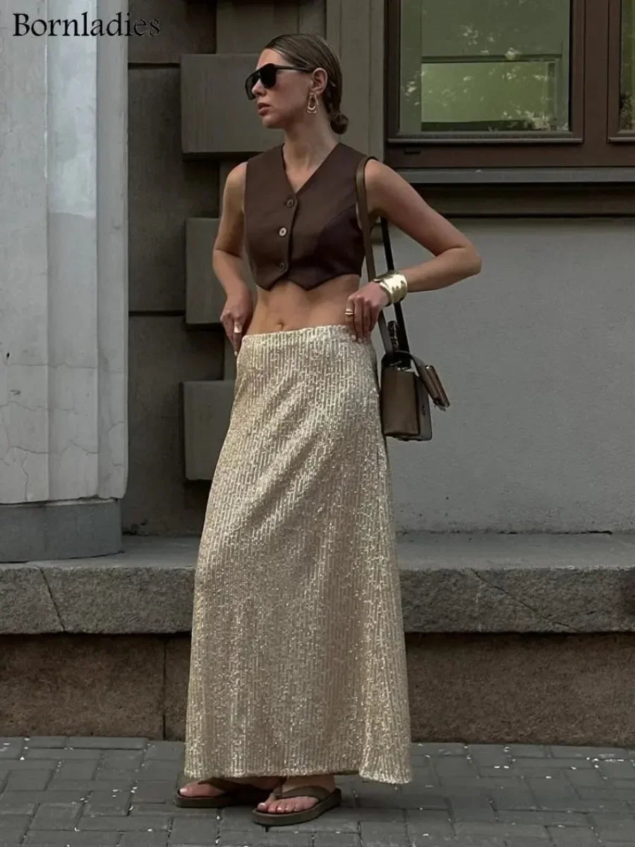 Saviig Silk Sequins Dropped Waist Long Skirt - Elegant Streetwear Fashion