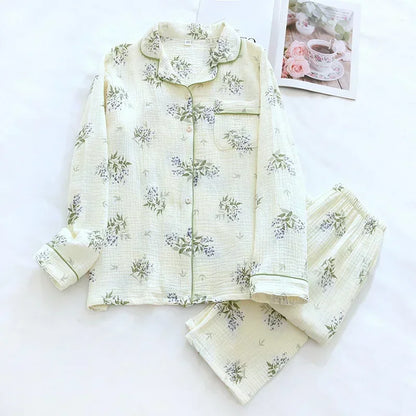 Saviig Spring Autumn Pajama Set Women's Crepe Long Sleeve Flip Collar Cardigan