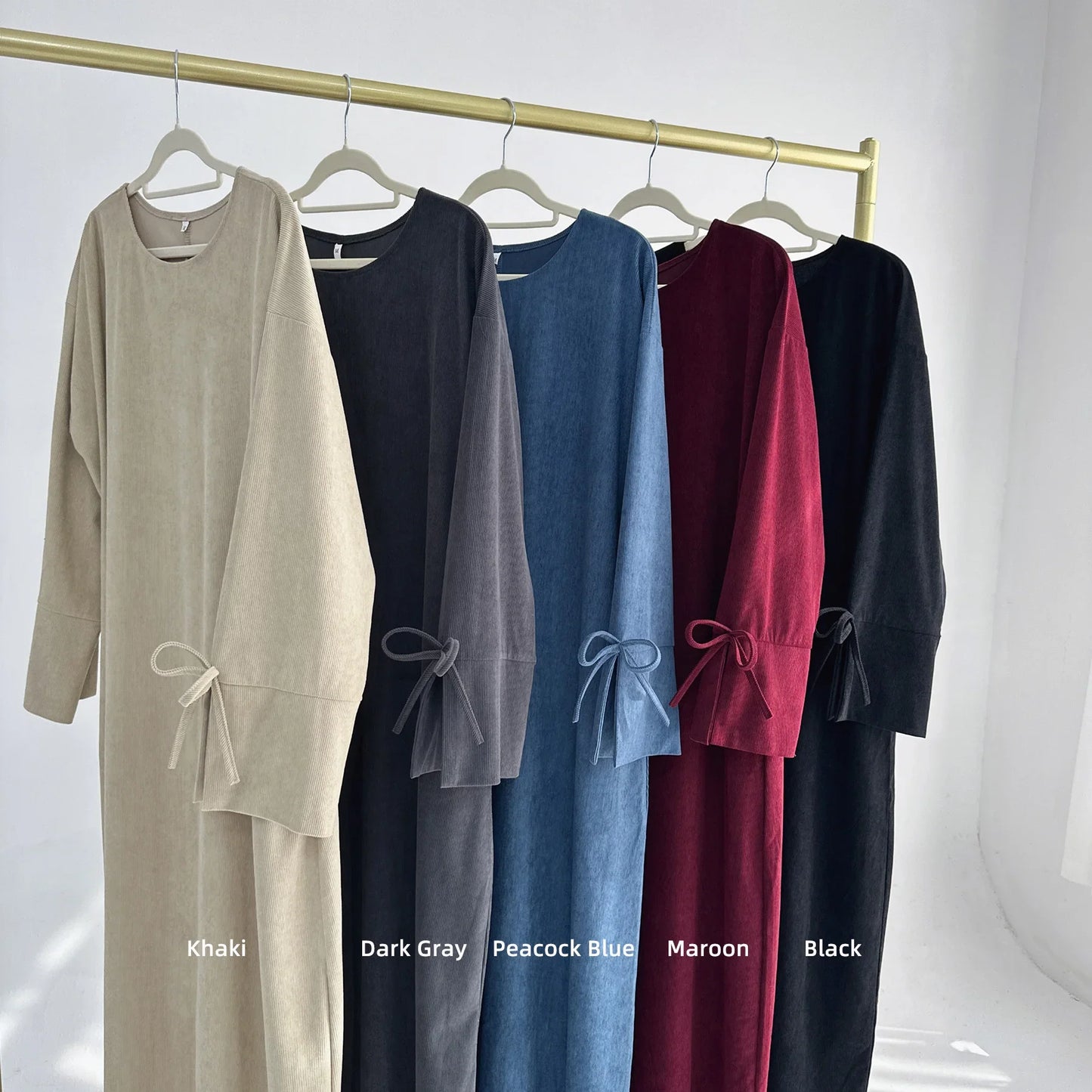 Saviig Corduroy Bowknot Abaya: Modest O Neck Dress with Pockets
