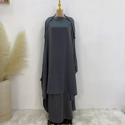 Saviig Satin Jilbab Set, Smocked Abaya, Khimar, Side Pocket Skirt