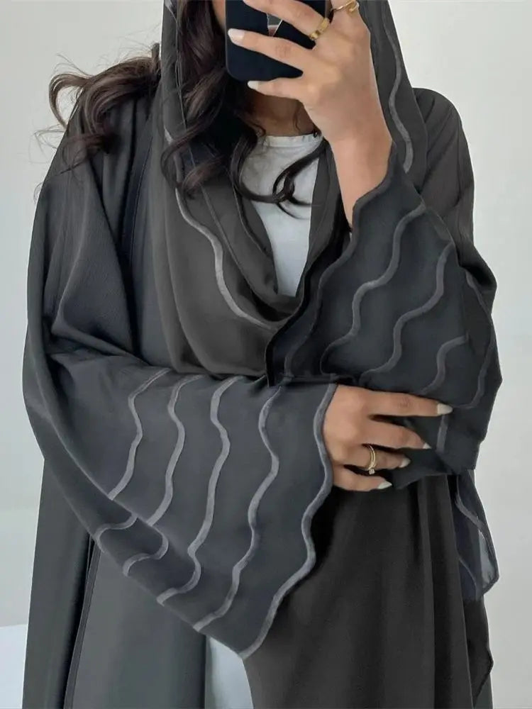 Saviig Ramadan Eid Kimono Abaya Set for Women in Gray Black