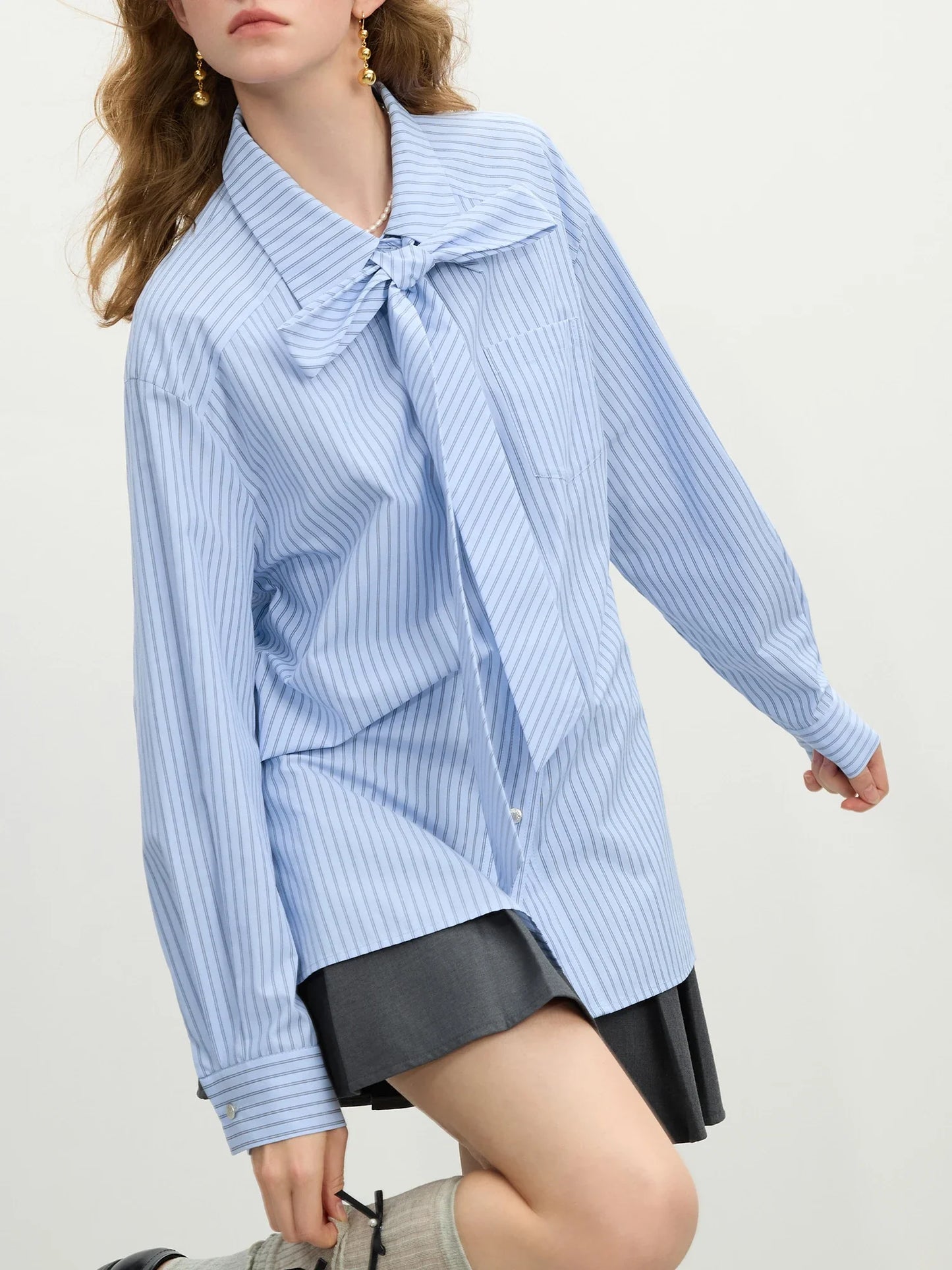 Saviig French Bow Tie Striped Shirt: Office Lady Spring Loose Fit Top