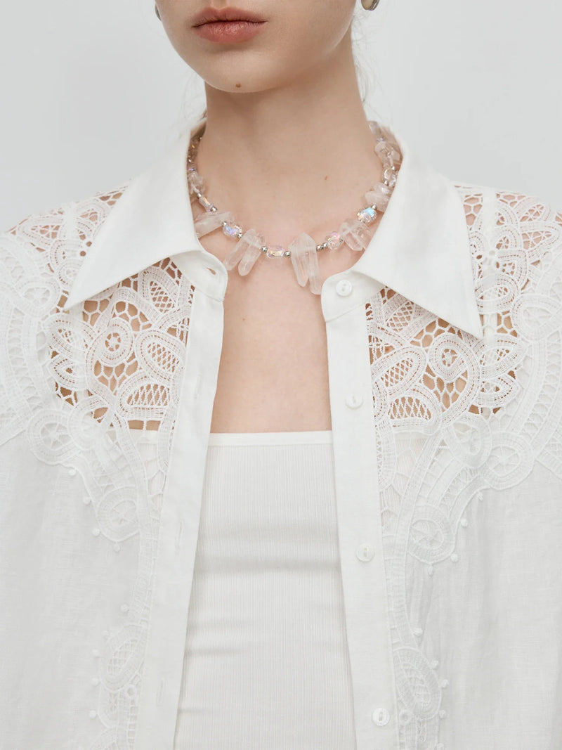 Saviig Minimalist Linen Lace White Shirt - 2025 Summer Embroidered Chic Soft Top