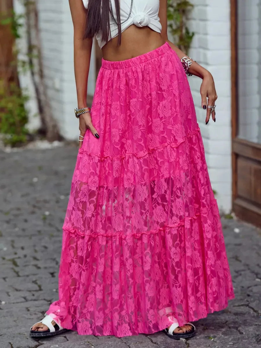 Saviig Lace Hollow Flower Long Skirt - Summer Beach Style Fashion