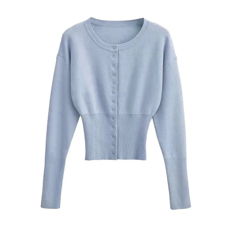 Saviig High Waist Round Neck Cardigan Short Sweater Top Slim Fit