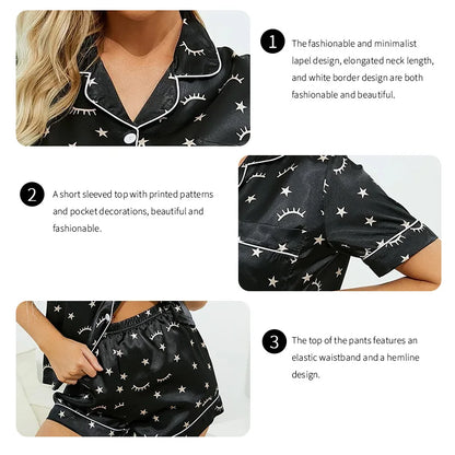 Saviig Satin Print Pajama Set: Short Sleeve Top and Shorts Loungewear