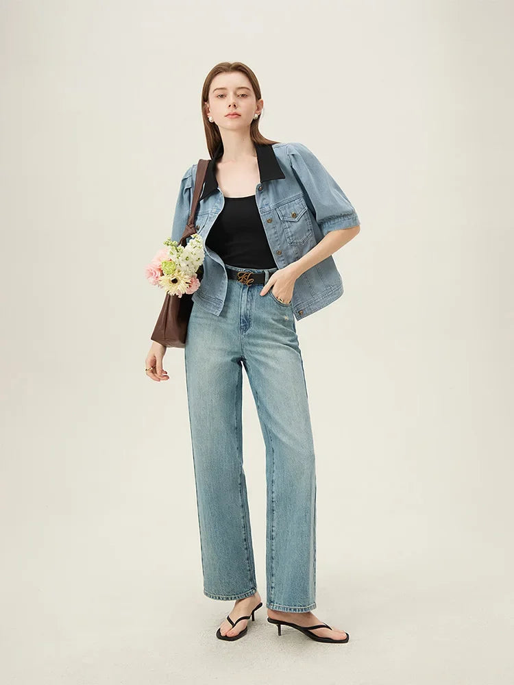 Saviig Cotton Puff Sleeve Polo Neck Denim Shirt - Single Breasted Summer Blouse