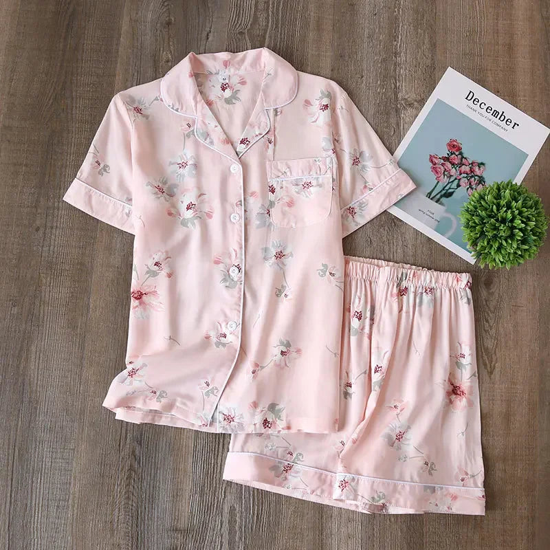 Saviig Summer Pajama Set: Viscose Short-Sleeve Top & Cotton Shorts