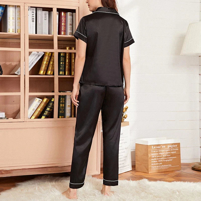 Saviig Heart Embroidered Pajama Set: Satin Button-Down Top & Shorts for Women