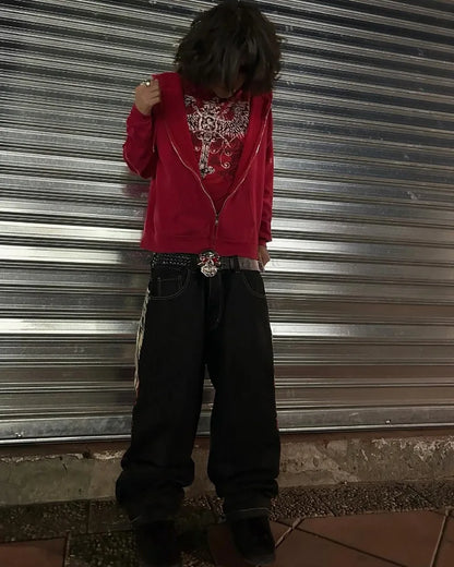 Saviig Harajuku Fashion Letter Embroidery Oversized Baggy Jeans Men Retro Gothic Trousers