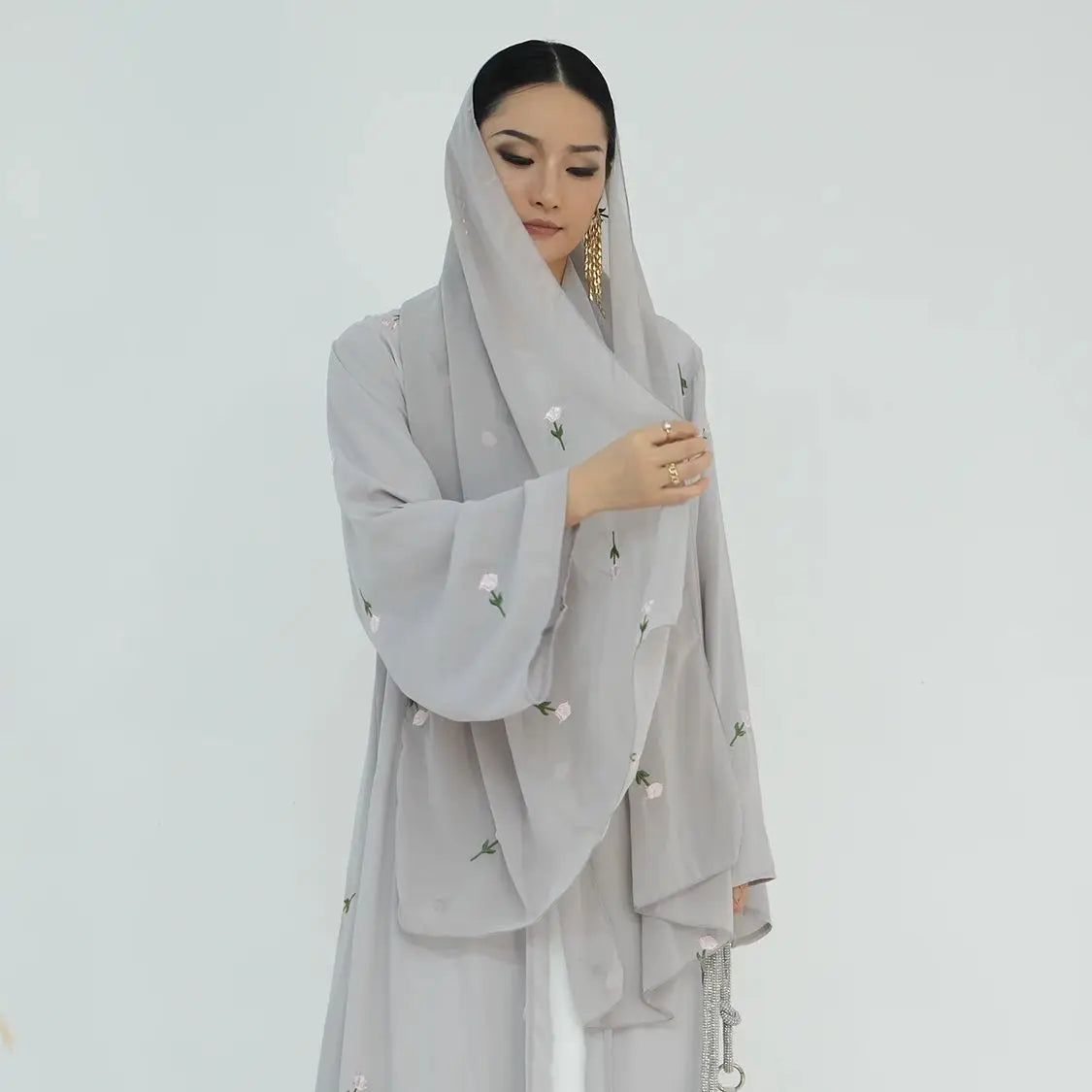 Saviig Rose Embroidered Chiffon Hijab Shawl for Muslim Women