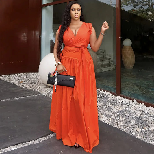 Saviig V-Neck High Waist Maxi Dress Solid Color Sleeveless Sexy Summer Fashion