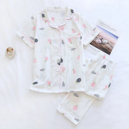 Saviig Cotton Gauze Women's Pajama Set: Short-Sleeve Top & Pants, Cute & Lightweight