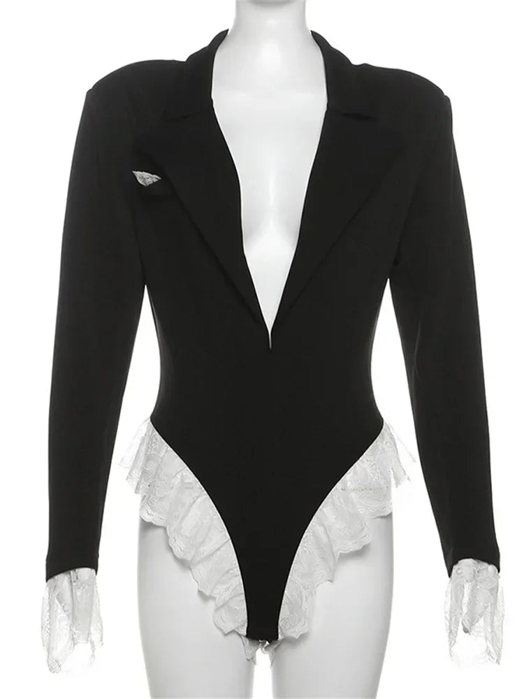 Saviig V-Neck Lace Jumpsuit Blazer Cardigan Streetwear Black Romper