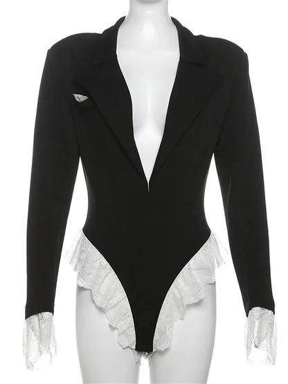 Saviig V-Neck Lace Jumpsuit Blazer Cardigan Streetwear Black Romper