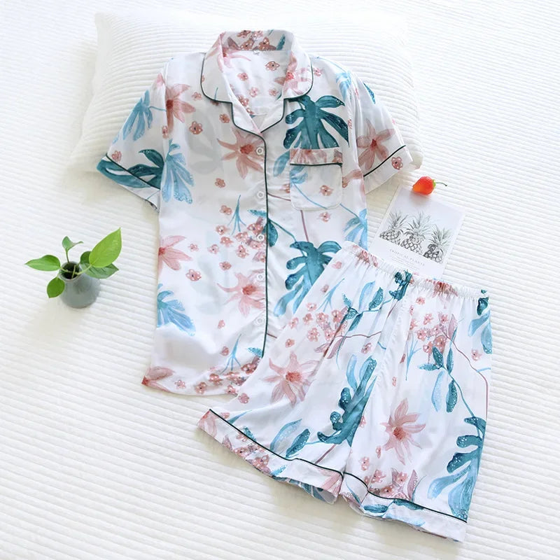 Saviig Summer Pajama Set: Viscose Short-Sleeve Top & Cotton Shorts