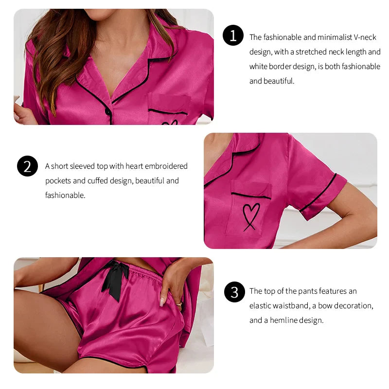 Saviig Heart Embroidered Pocket Pajama Set - Short Sleeve Top & Shorts
