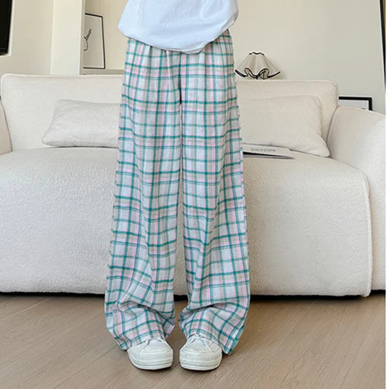 Saviig Plaid Wide Leg Pants: Vintage High Waist Straight Trousers