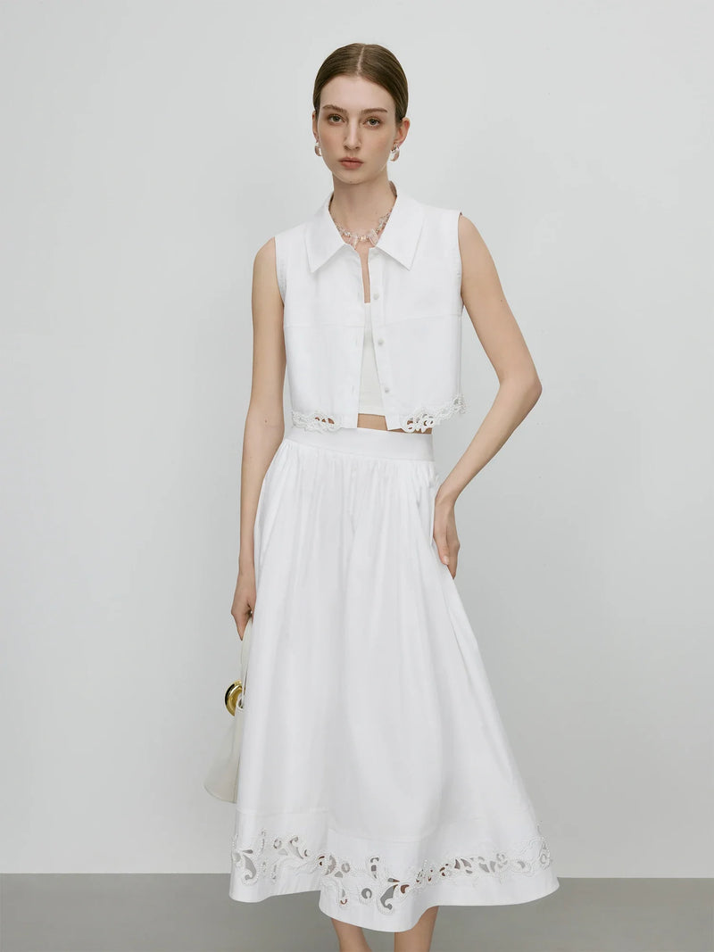 Saviig Embroidery Design Sleeveless Shirt Long Skirt Set