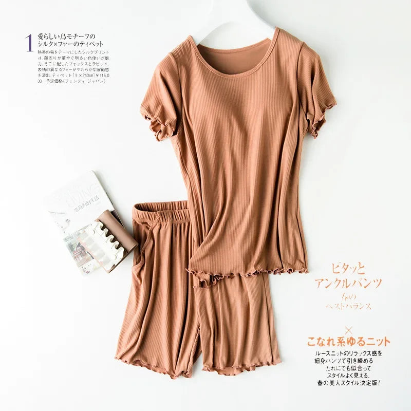 Saviig Knit Cotton Pajama Set with Chest Pad, Short Sleeve Top & Shorts
