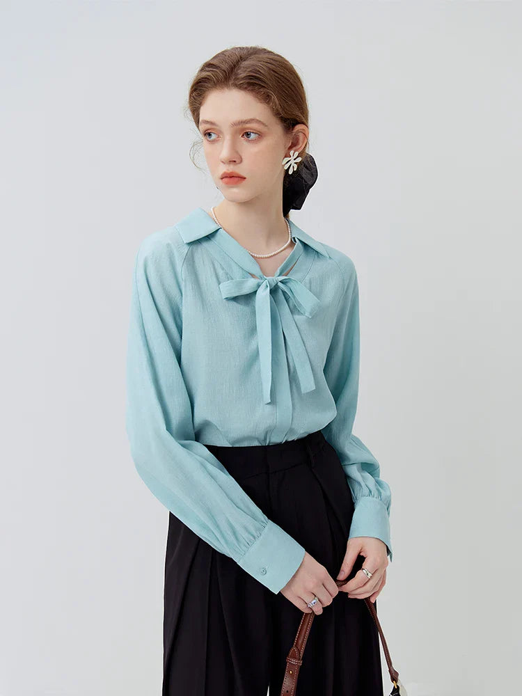 Saviig Lace-Up V-Neck Shirt: French Style Detachable Ribbon, Autumn 2023 Chic Top