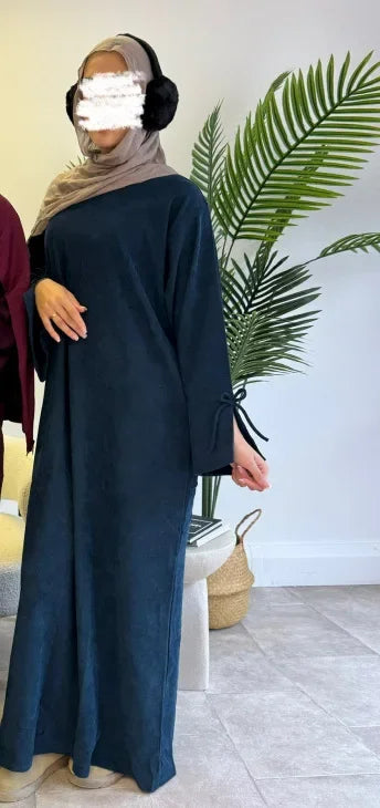 Saviig Corduroy Bowknot Abaya: Modest O Neck Dress with Pockets
