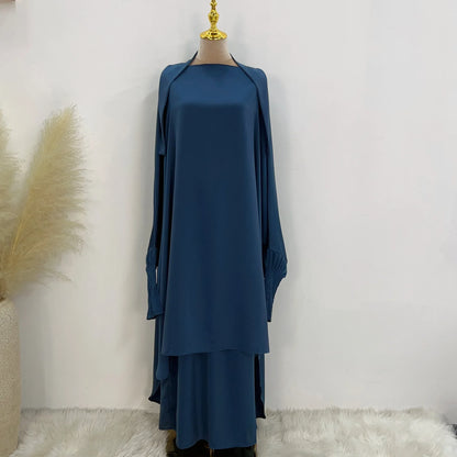 Saviig Satin Jilbab Set, Smocked Abaya, Khimar, Side Pocket Skirt