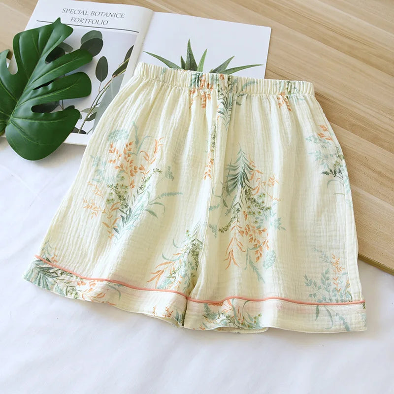 Saviig Cotton Crepe Sleep Shorts for Couples, Elastic Waist Nightwear Pajama Bottoms