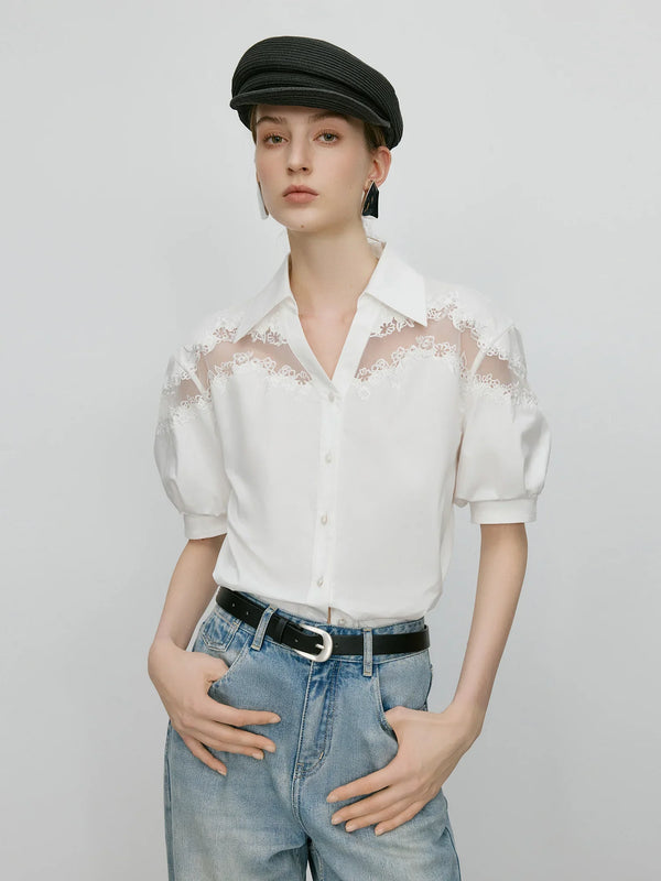 2025 Summer Women's Sheer-Lace Blouse by Saviig - Breathable & Elegant Cropped Fit