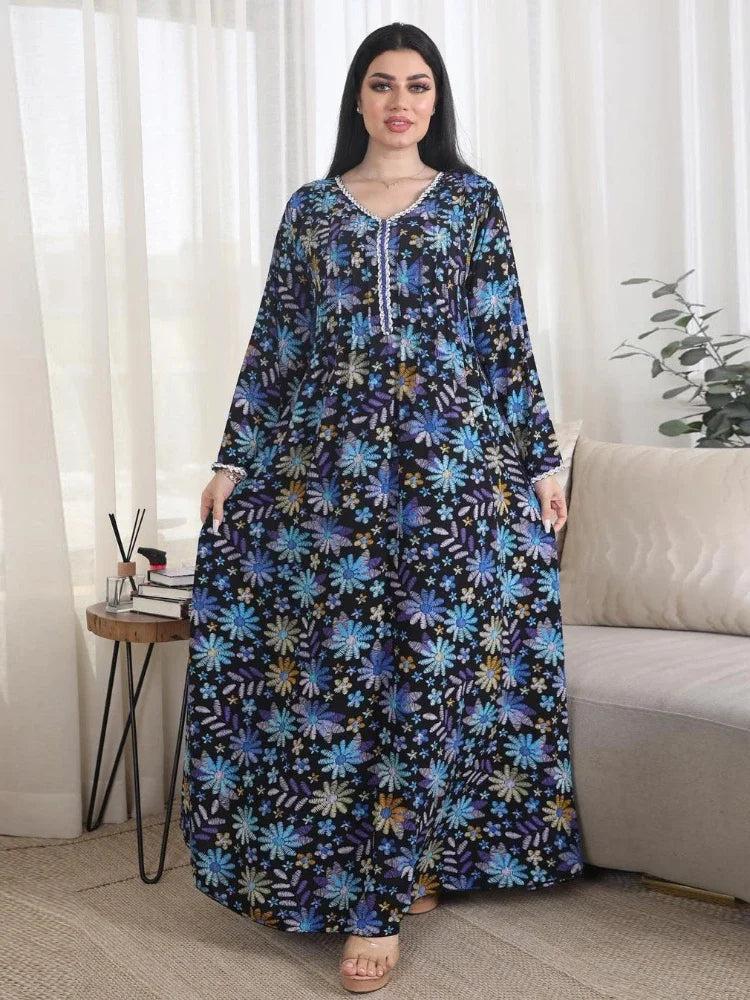 Saviig Floral Print Diamond Eid Abaya Dress for Women - Muslim Party Kaftan Dubai