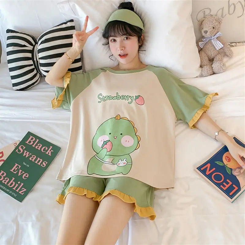 Saviig Summer Two-Piece Pajama Set - Loose Fit Short-Sleeve Homewear