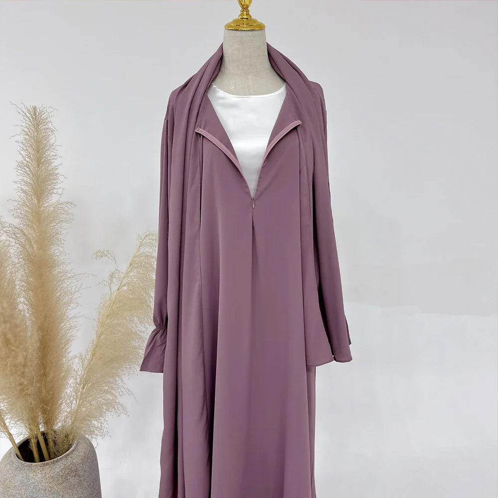 Saviig One Piece Zipper Front Jilbab with Integrated Hijab, Modest Abaya for Women