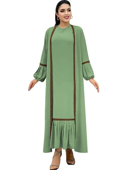Saviig 2 Piece Muslim Abaya Set with Ruffle Caftan & Kimono Cardigan