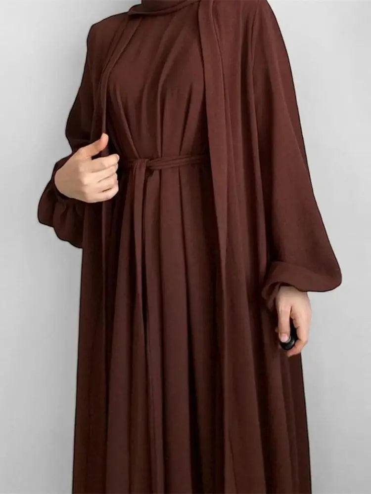 Saviig Ramadan Eid Abaya Kaftan Set with Hijab Dress & Kimono - Women's Muslim Ensemble
