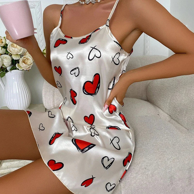 Saviig Floral Print Silk Nightdress Women's Sexy Lingerie