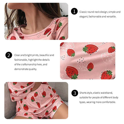 Saviig Strawberry Print Pajama Set: Short Sleeve Top & Shorts, Soft & Comfortable