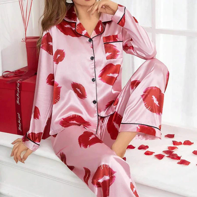 Saviig Lip Print Satin Pajama Set with Long Sleeve Top and Pants