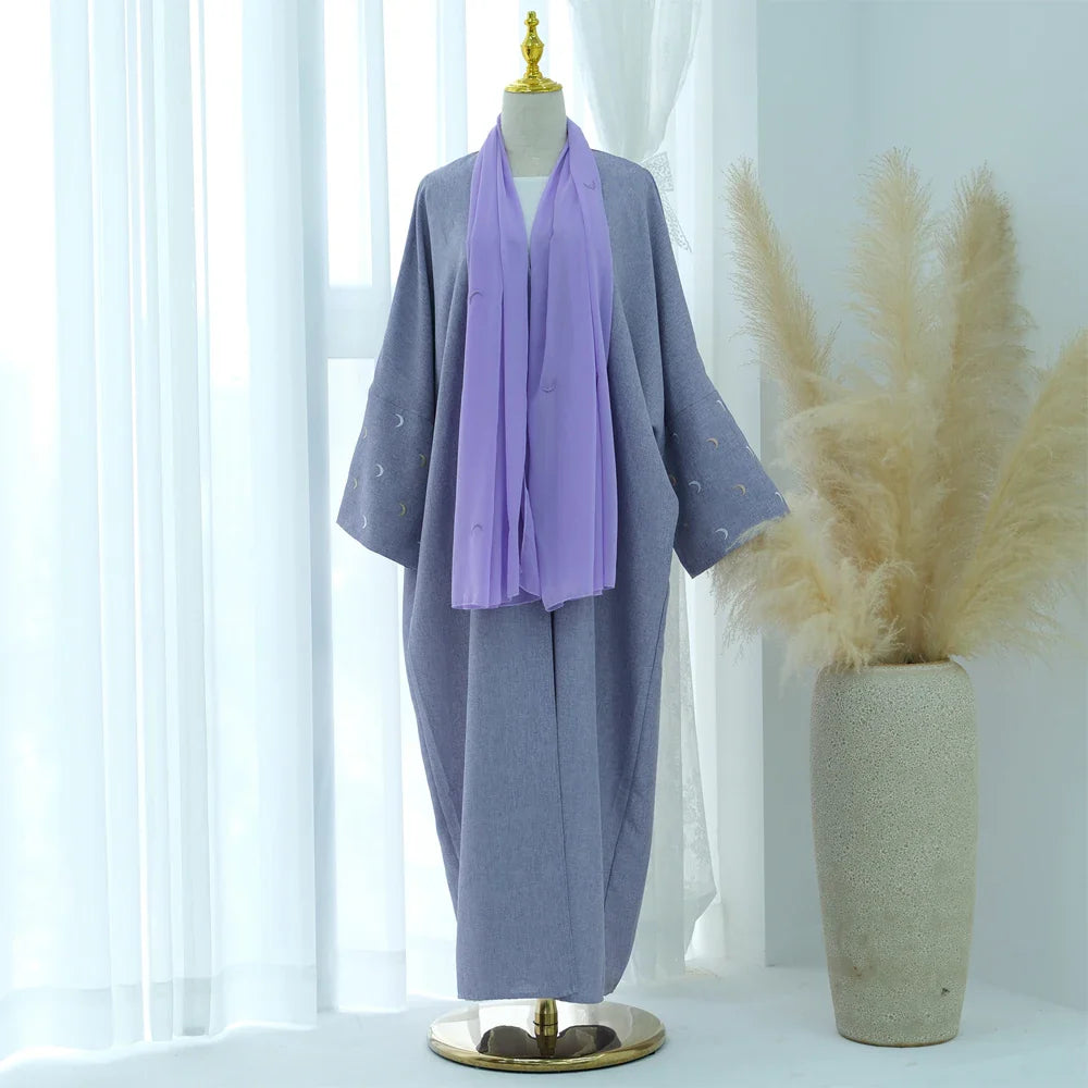 Saviig Moon Embroidery Open Abaya, Batwing Sleeves Kimono for Muslim Women