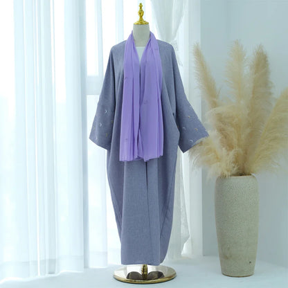 Saviig Moon Embroidery Open Abaya, Batwing Sleeves Kimono for Muslim Women