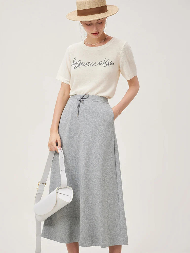 Saviig Blue Knit Tee with Embroidered Letters, Summer Short Sleeve Round Neck Top