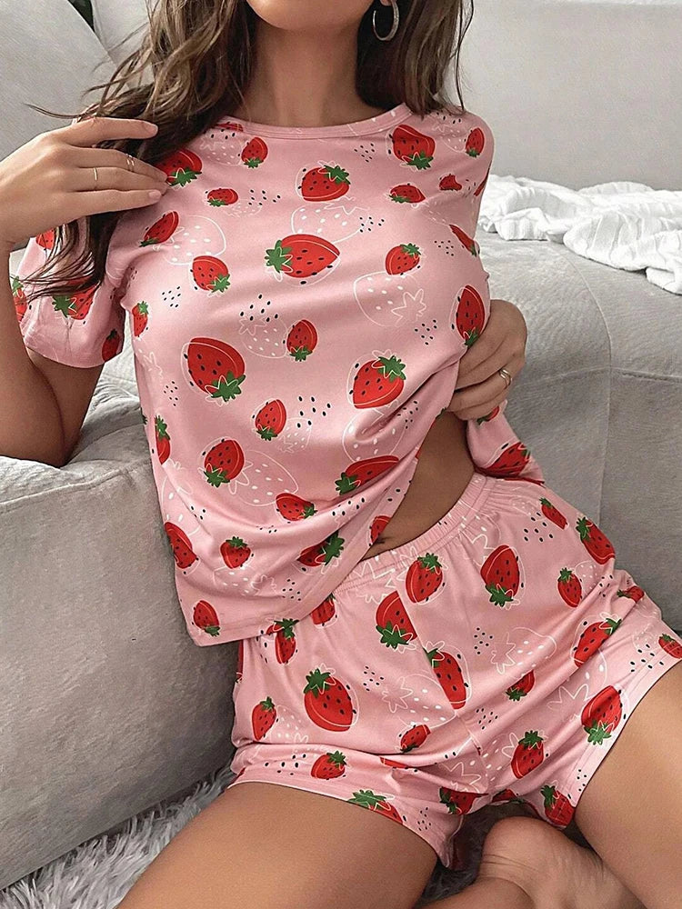 Saviig Strawberry Print Pajama Set: Short Sleeve Top & Shorts, Soft & Comfortable