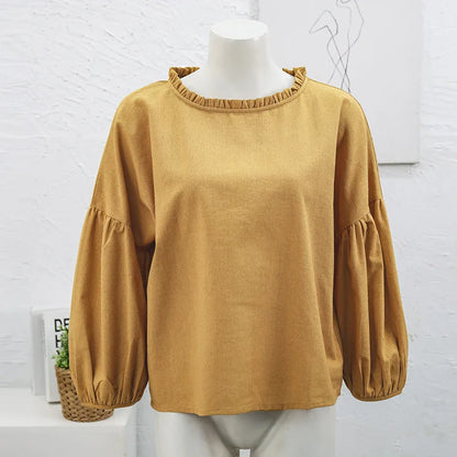 Saviig Ruffled Linen Women's T-Shirt: Casual Loose Fit, O-Neck, Long Sleeve Top